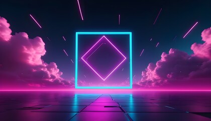 looping 3d animation. Abstract neon background with glowing square shape and spinning cloud. Blank geometric frame in the sky