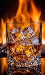 Glass of whiskey with ice cubes on a background of a burning fireplace.