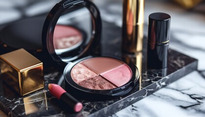 Makeup Products on Marble Surface with Dark Ambiance