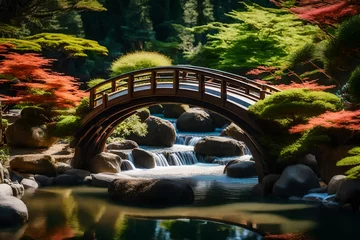 Fotobehang An enchanting miniature bridge arching over a crystal-clear stream in a Japanese-inspired garden, surrounded by bonsai trees  © MB Khan