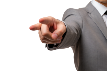 Man in Suit Pointing at Object. On a White or Clear Surface PNG Transparent Background.