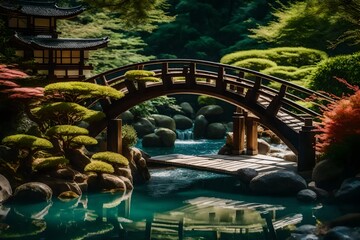 An lovely little bridge arching over a clean stream in a Japanese-inspired garden, surrounded by bonsai trees. 