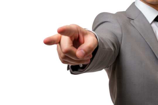Man in Suit Pointing at Object. On a White or Clear Surface PNG Transparent Background.
