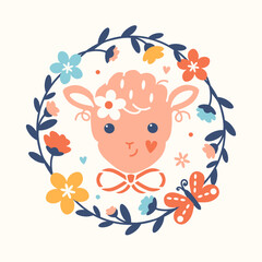 Little pink lamb in wreath of flowers. Spring arrangement. Baby logo design. Cute hand drawn print for sleepwear, pajama, t-shirt