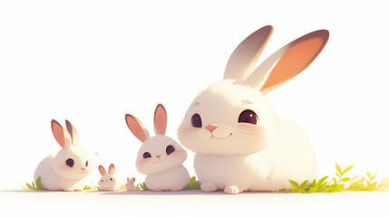 Obraz na płótnie Canvas An enchanting illustration of a fluffy cartoon rabbits basking in the warm sunlight, surrounded by soft greenery on white background.
