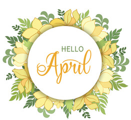 Handwritten, hello april, lettering message. April welcome quote with color leaves . Modern lettering. Hello April design for cards, banners, posters. © Natalya