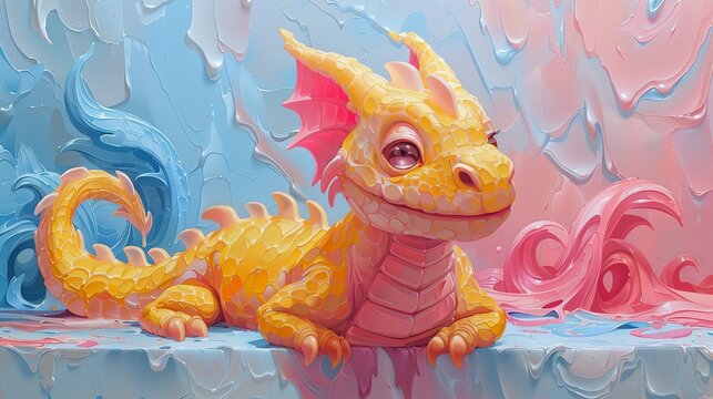 A yellow dragon is laying on a pink and blue background