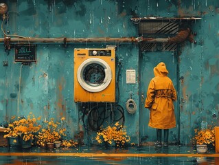 A woman in a yellow coat stands in front of a yellow washing machine