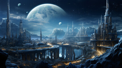 A cityscape on the moon with domed structures - obrazy, fototapety, plakaty