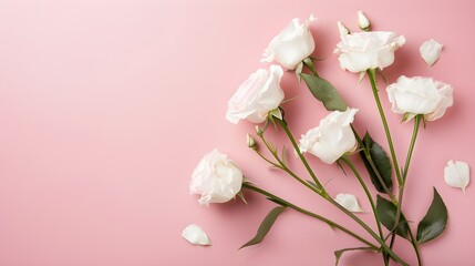 White eustoma flowers on pink background with copyspace. Minimalistic composition for holidays.