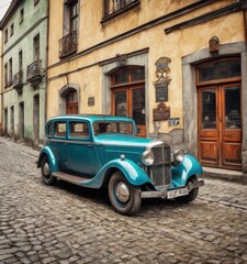 A stunning blue classic car with cream accents provides a pop of color on an ancient European street. The timeless design stands as a tribute to the craftsmanship of its era. AI generation