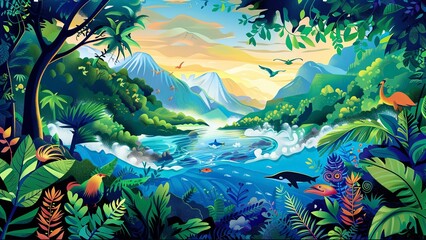  illustration of a diverse ecosystem, including lush forests, pristine oceans, and majestic mountains, with animals in their natural habitats.