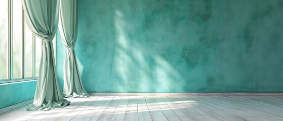 Teal Curtain Draping on Plain Wall Background