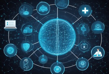 Obraz premium An intricate network of healthcare icons connected to a central digital globe, symbolizing advanced medical technology. This visual represents the interconnectivity of modern healthcare systems and