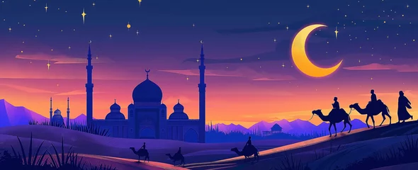 Foto op Plexiglas People on camels under moon, a night sky with stars, a mosque silhouette in the background © khozainuz