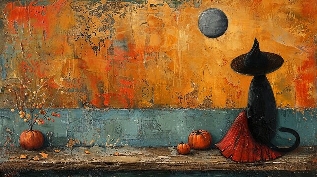 A painting of a cat sitting on a bench with pumpkins