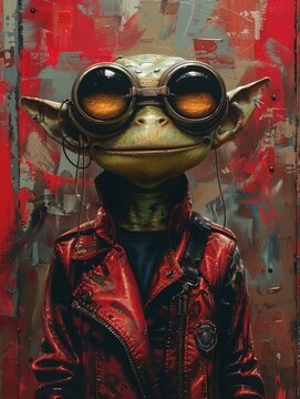 A small green creature with glasses and a red jacket is smiling