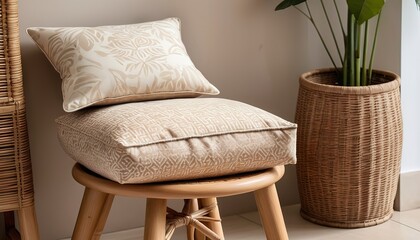 Beige printed cushion on rattan stool interior design - obrazy, fototapety, plakaty