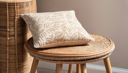 Beige printed cushion on rattan stool interior design - obrazy, fototapety, plakaty