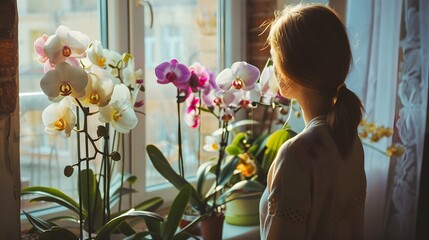 Woman enjoys orchid flowers on window sill. Girl taking care of home plants. White, purple, pink, yellow blooms - obrazy, fototapety, plakaty