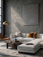 Modernes Loft-Wohnzimmer mit edlem weißen Sofa und minimalistischem Wandbild - obrazy, fototapety, plakaty