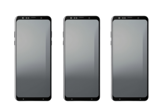 Three Samsung Phones on White Background. On a White or Clear Surface PNG Transparent Background.