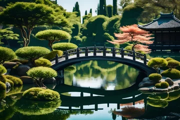 Rolgordijnen An attractive miniature bridge over a peaceful pond in a Japanese-inspired setting, with meticulously kept bonsai trees. © MB Khan