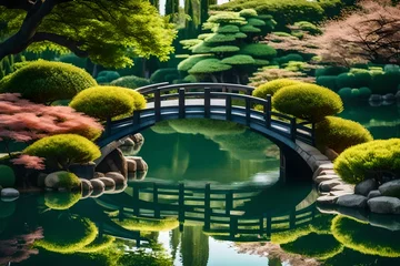 Fotobehang An attractive miniature bridge over a tranquil pond in a Japanese-inspired environment, with meticulously tended bonsai trees © MB Khan