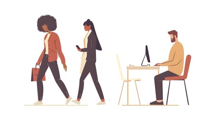 Young office workers. A woman is walking with a smartphone. A man sits at a computer. Vector illustration with place for text
