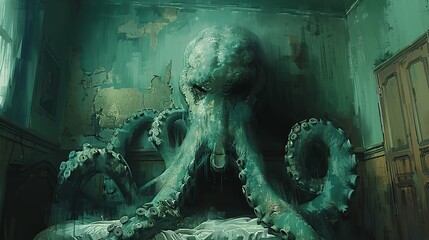 A large octopus is sitting on a bed - obrazy, fototapety, plakaty