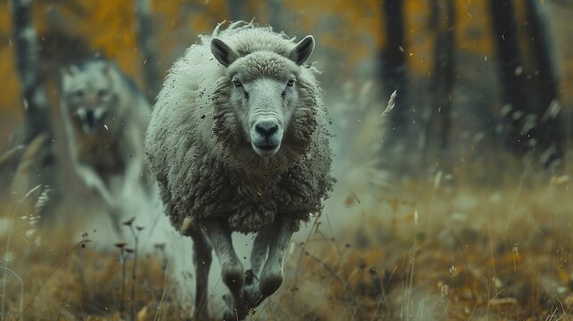 a sheep getting chased by a wolf - wide angle cinematic shot