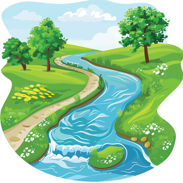A peaceful countryside with a winding river. clipart