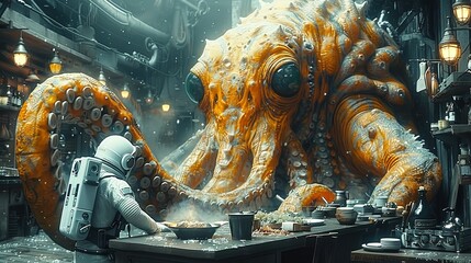 A man in a white space suit is eating at a table with a giant octopus - obrazy, fototapety, plakaty