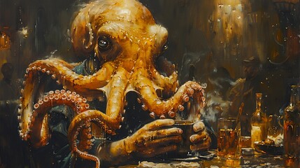 A painting of an octopus sitting at a bar with a drink in front of him