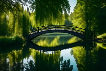 A nice tiny bridge across a serene pond, with water reflecting the surrounding trees and a cloud-dappled sky