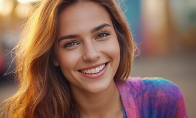 Fototapeta premium A stunning portrait of a young woman with a captivating smile, bathed in the soft glow of evening light. The bokeh effect in the background accentuates her cheerful presence. AI generation