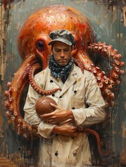A man is holding a basketball in his arms while an octopus is surrounding him