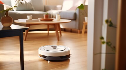 A white robot vacuum cleaner is in a living room