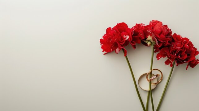 Red flowers and three golden rings on white background, copy space. generative AI image