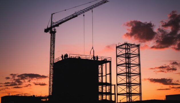 The construction of a new edifice continues into the evening, as silhouetted workers operate under a sky painted with the last light of day. The work never rests in the city's growth. AI generation