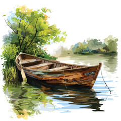 A peaceful riverside with a wooden rowboat. clipart i