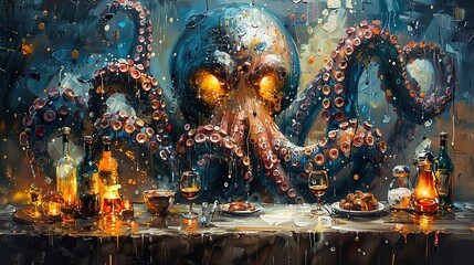 A painting of an octopus with a skull on its head and a table with wine glasses