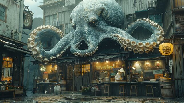 A large octopus is the main focus of this image, which is set in a wet