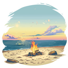 A serene beach with a bonfire. clipart isolated on white