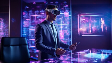 A man in a suit is wearing a virtual reality headset and holding a cell phone