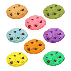 Hand drawn vector illustration of colorful cookies with chocolate chips on it