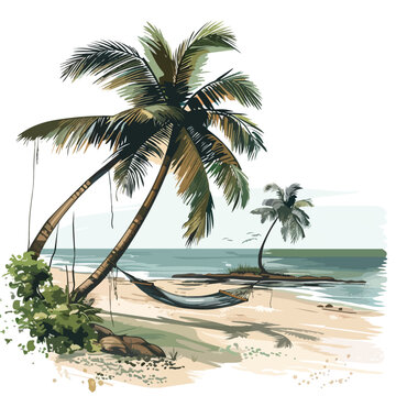 A serene beach with palm trees and a hammock. clipart