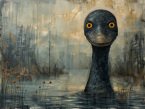 A painting of a duck with a big head and a big beak