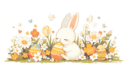 A serene Easter scene with a illustration cartoon bunny cuddling a decorated egg amidst vibrant spring flowers and fluttering butterflies.