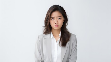 A woman in a business suit is looking down and it is upset